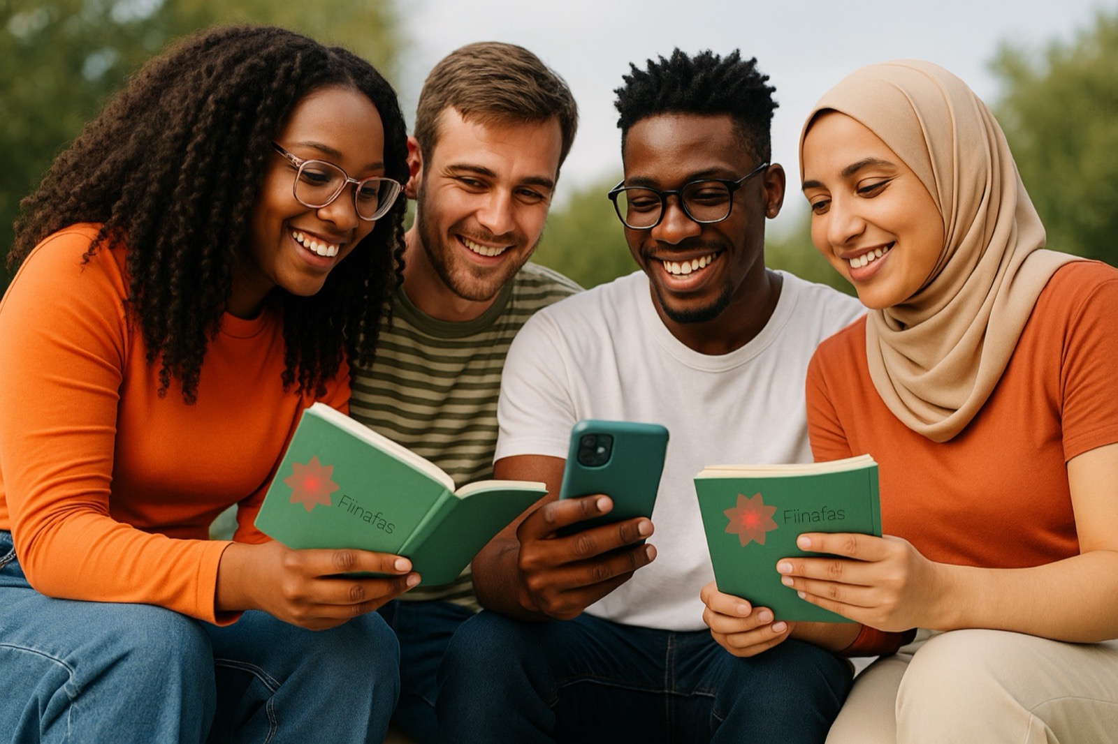 Diverse group of young people reviewing notebooks and the Fiinafas app outdoors